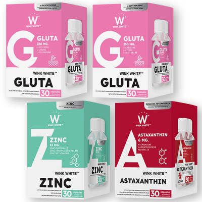 Gluta กลูต้า Zinc ซิงค์ Astaxanthin แอสตาแซนทิน Wink White วิ้งไวท์ รวมโปร x4